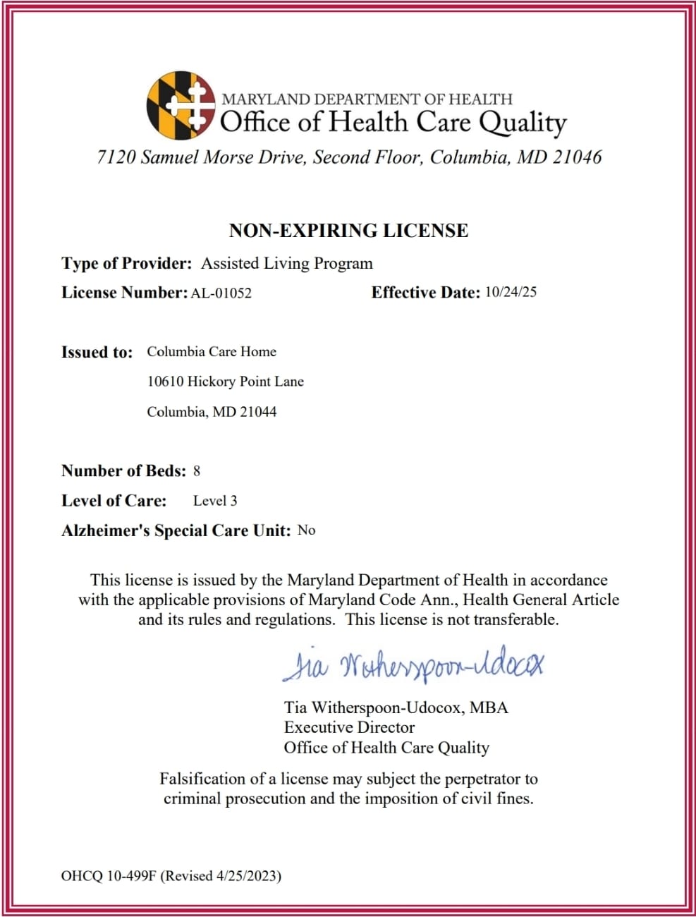 Official Maryland Assisted Living License for Columbia Care Home